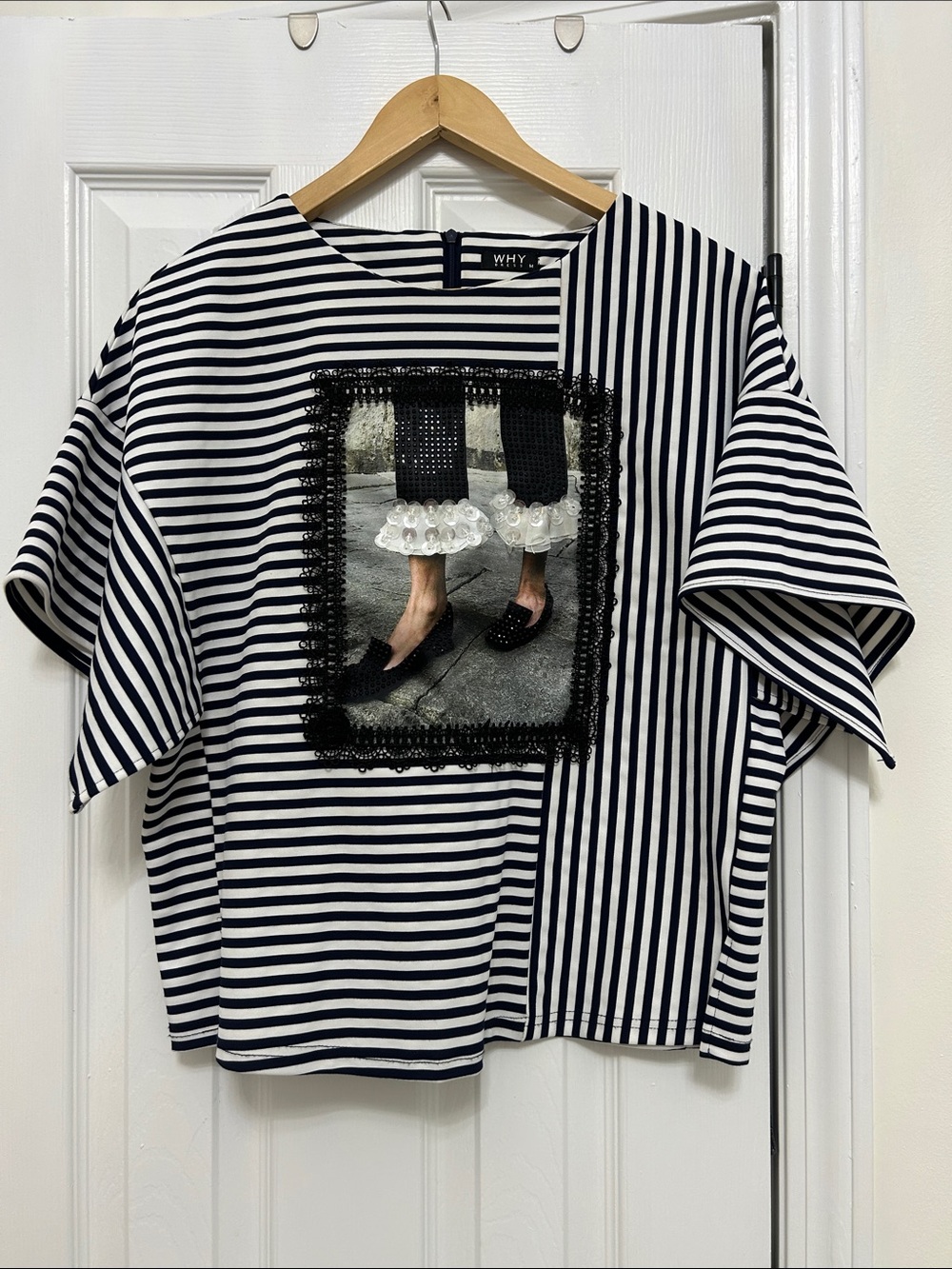 WHY Navy & White Striped Short Sleeve Blouse with Framed Photo Patch